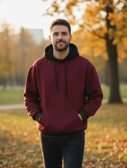 Winter Maroon With Black Basic Hoodie For Men