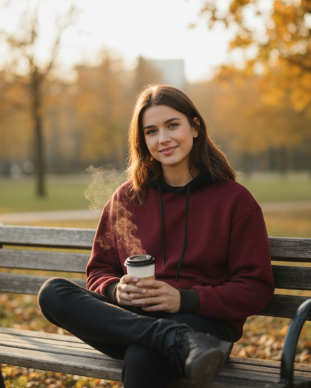 Winter Maroon With Black Basic Hoodie For Women
