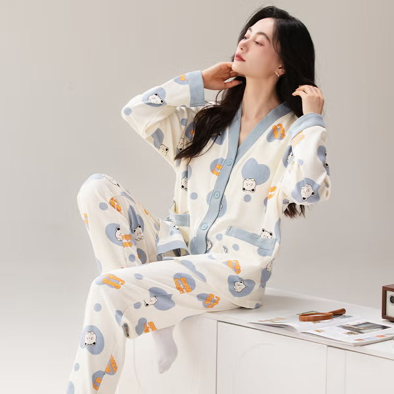 Grey Cute Cartoon V-Neck Button Printed Night Suit