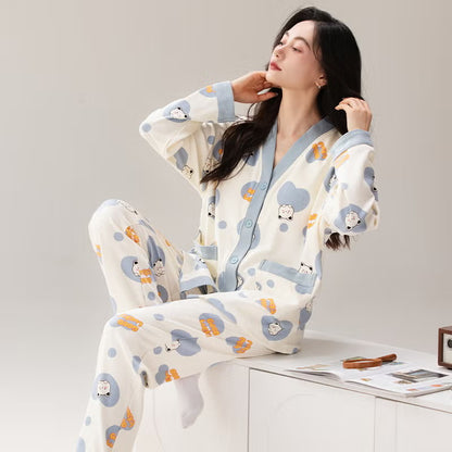 Grey Cute Cartoon V-Neck Button Printed Night Suit