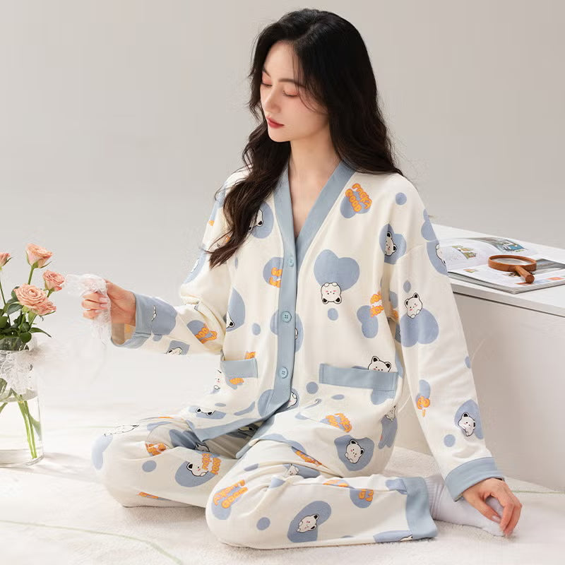 Grey Cute Cartoon V-Neck Button Printed Night Suit