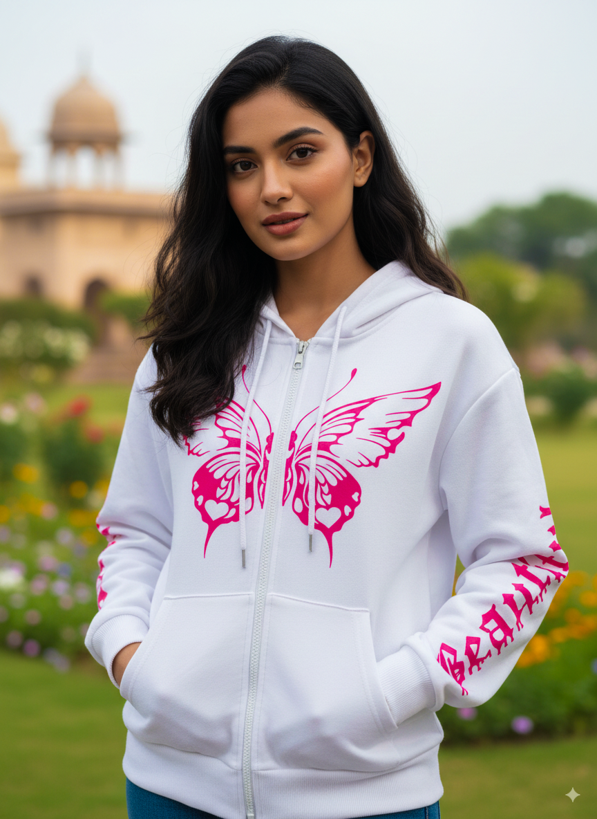 Pink Butterfly Printed Zipper Hoodie For Women