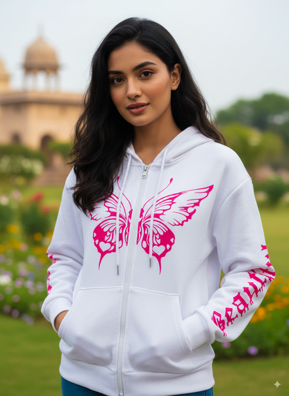 Pink Butterfly Printed Zipper Hoodie For Women