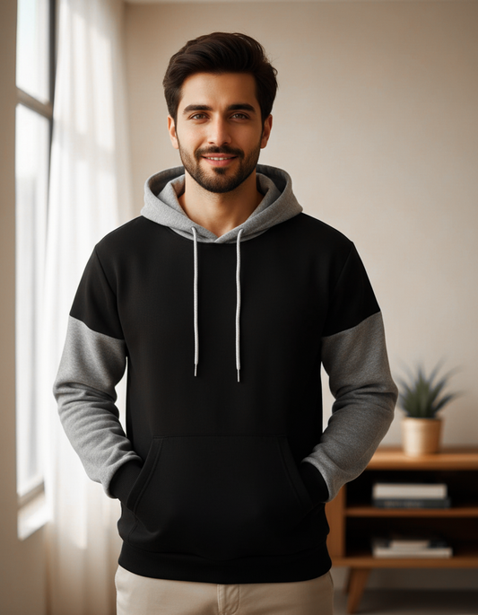 Winter Black With Grey Basic Hoodie For Men