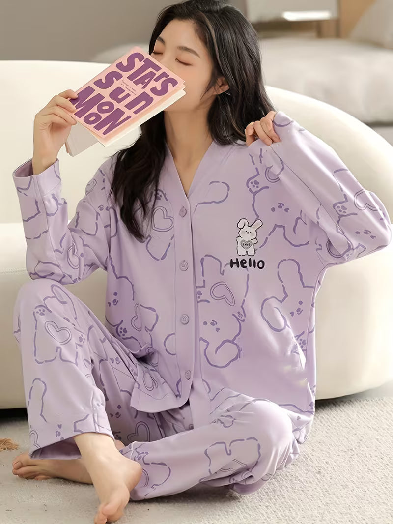 Purple Bunny V-Neck Button Printed Night Suit