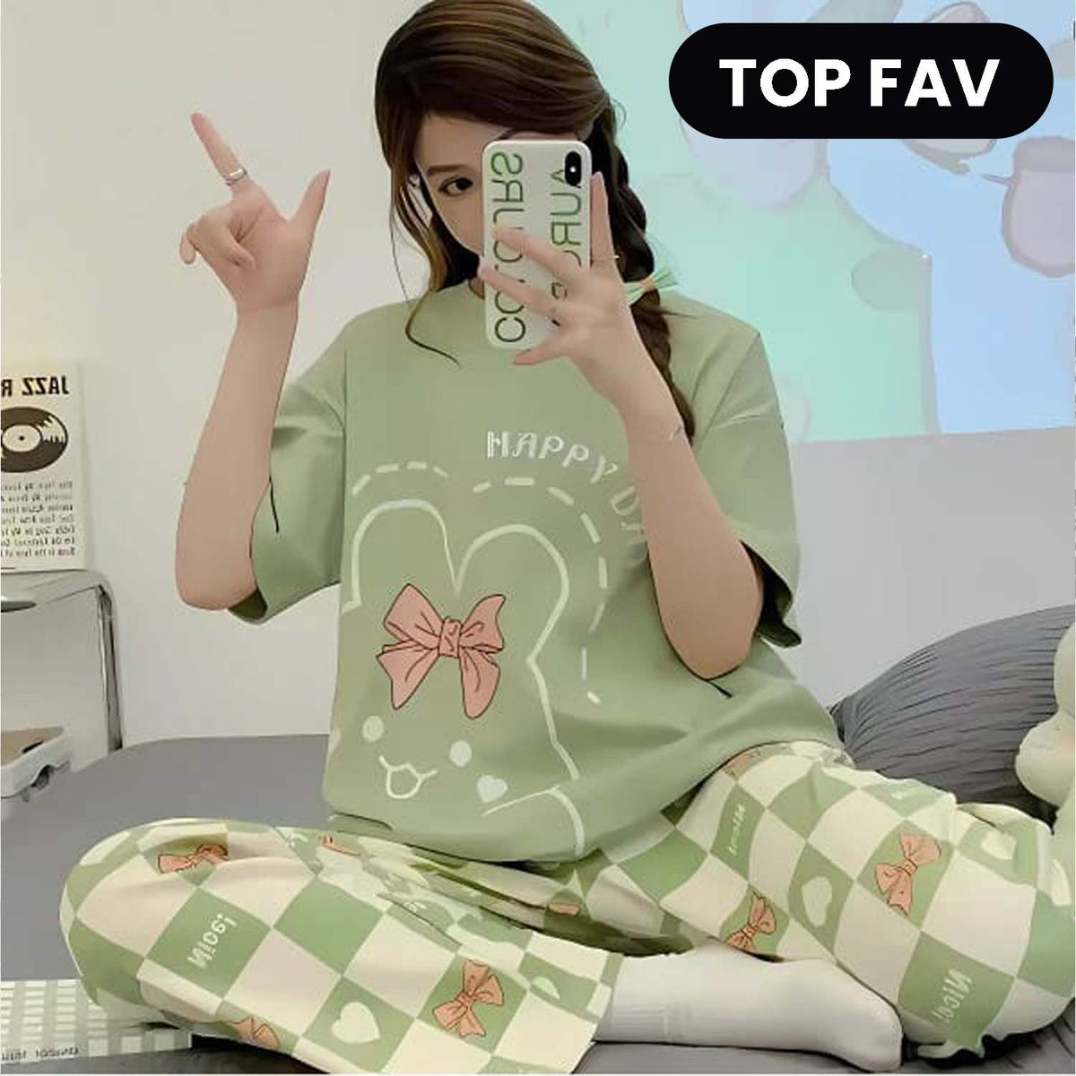 Olive Green Printed Night Suit