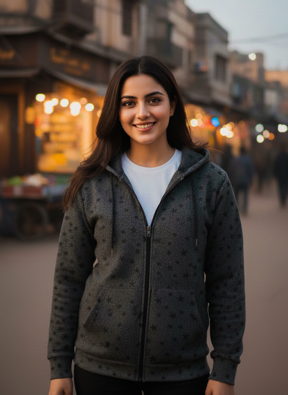 Winter Star Printed Zipper Hoodie For Women