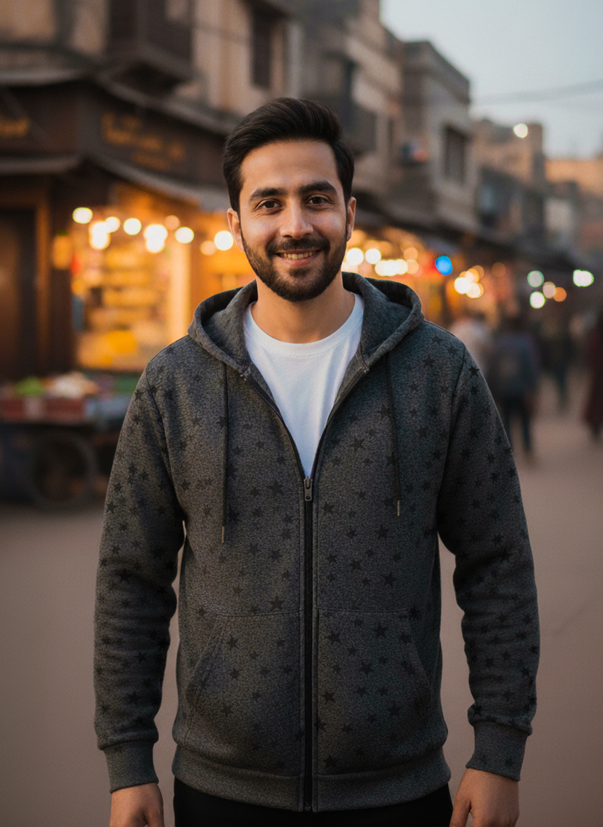 Winter Star Printed Zipper Hoodie For Men