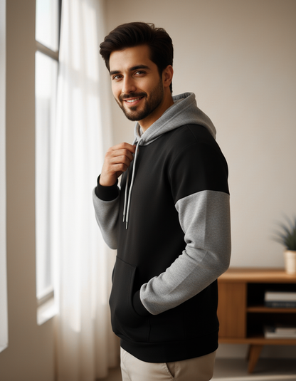 Winter Black With Grey Basic Hoodie For Men