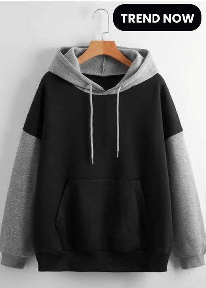 Winter Black With Grey Basic Hoodie For Men