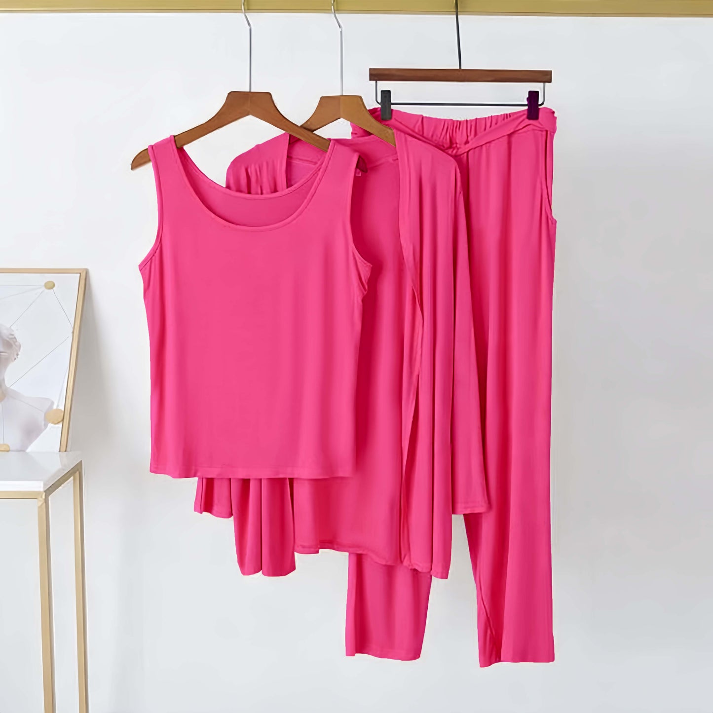 3 Piece Hot Pink Plain Nightwear