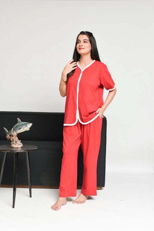 Red Plain Stylish Printed Night Suits