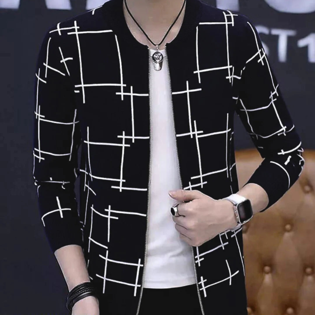 Winter Black Printed Zipper Jacket For Men