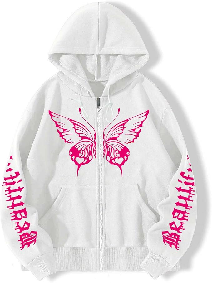 Pink Butterfly Printed Zipper Hoodie For Women