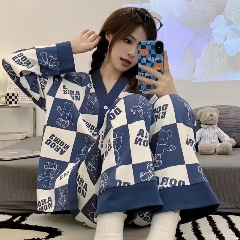 Dora Blue Check Style V-Neck Button Printed Night Suit