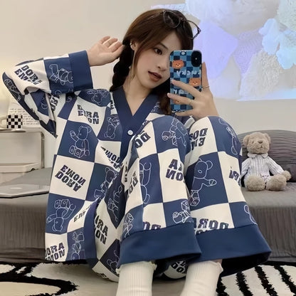 Dora Blue Check Style V-Neck Button Printed Night Suit