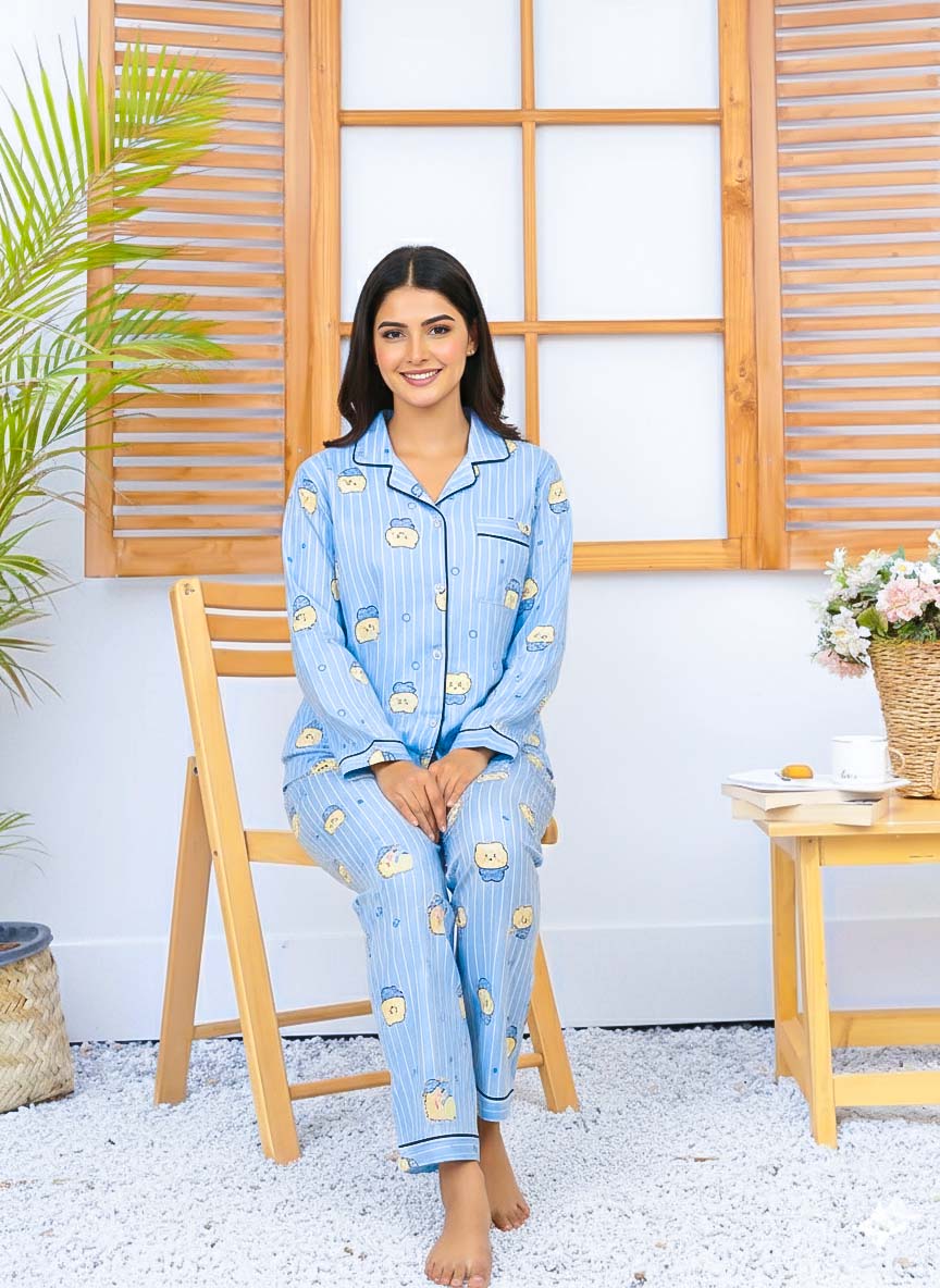 Imported Linen Printed Sky Blue Snow PJ Set-LP1