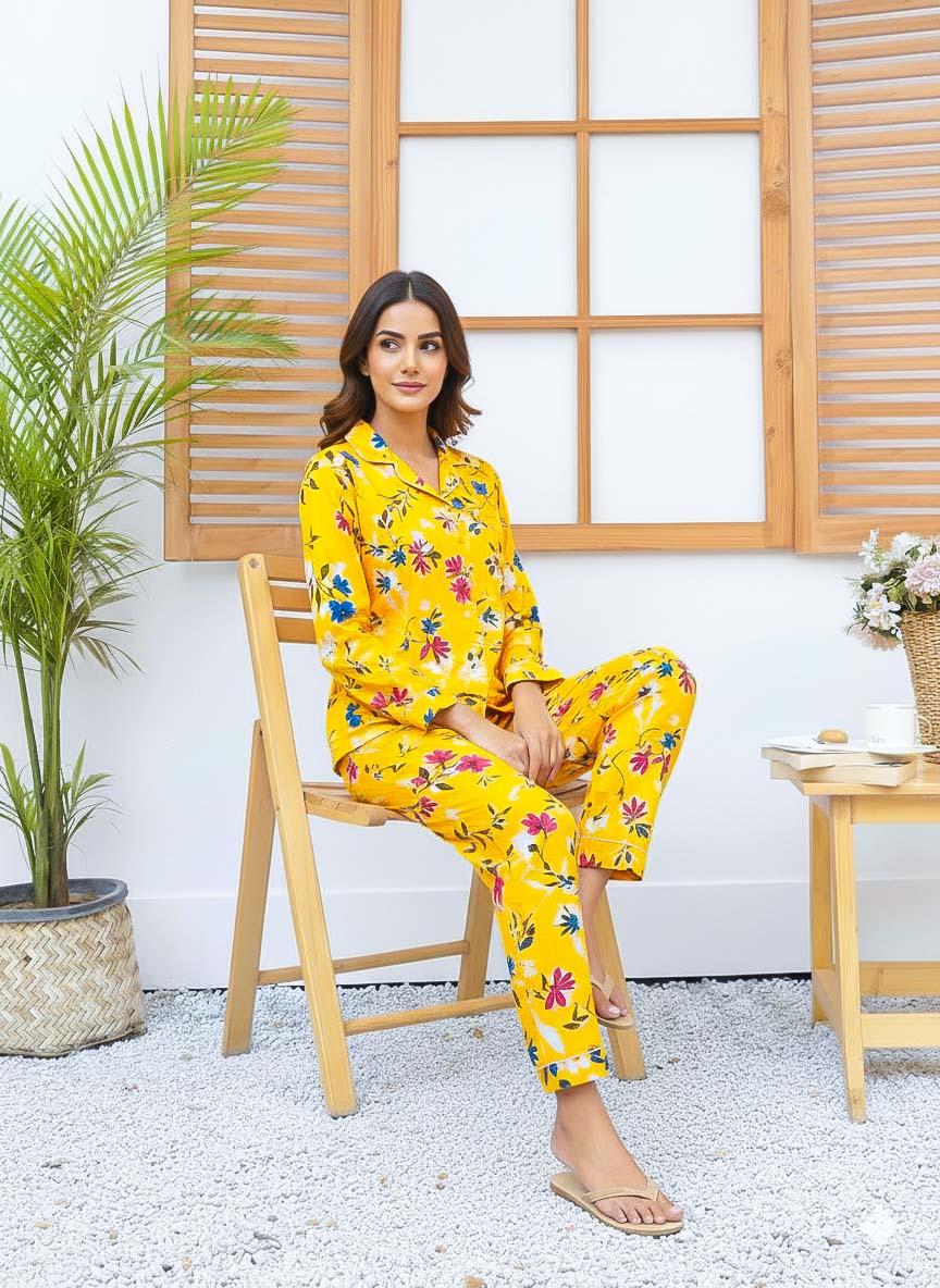 Imported Linen Printed Yellow Honey PJ Set-LP20