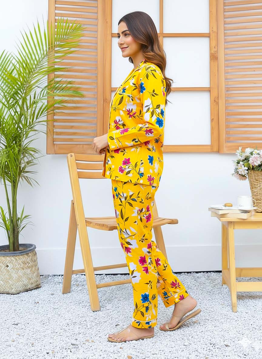 Imported Linen Printed Yellow Honey PJ Set-LP20