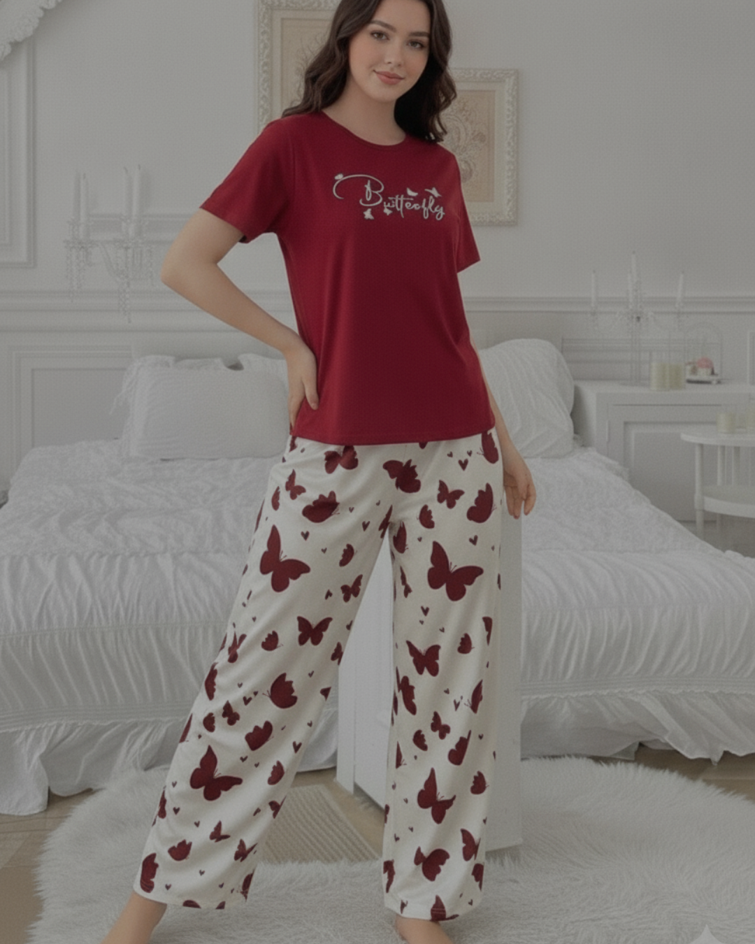 Red Butterfly Printed Half Sleeve Night Suit (7-16 Years)