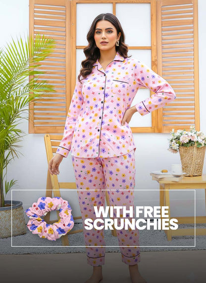 Imported Linen Printed Pink Multi Flower PJ Set-LP27