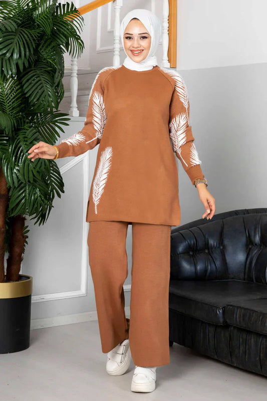 Winter Bronze Feather Printed Long Sleeves 2 PC Co-Ord Set